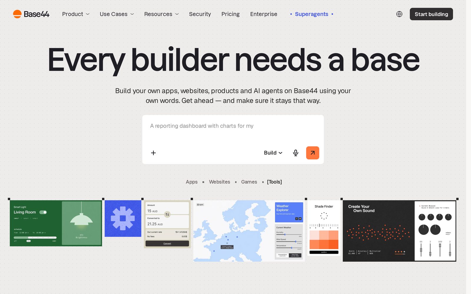 Base44 homepage: the headline reads Every builder needs a base, above a prompt box, tabs for apps, websites, games and tools, and a strip of example apps.