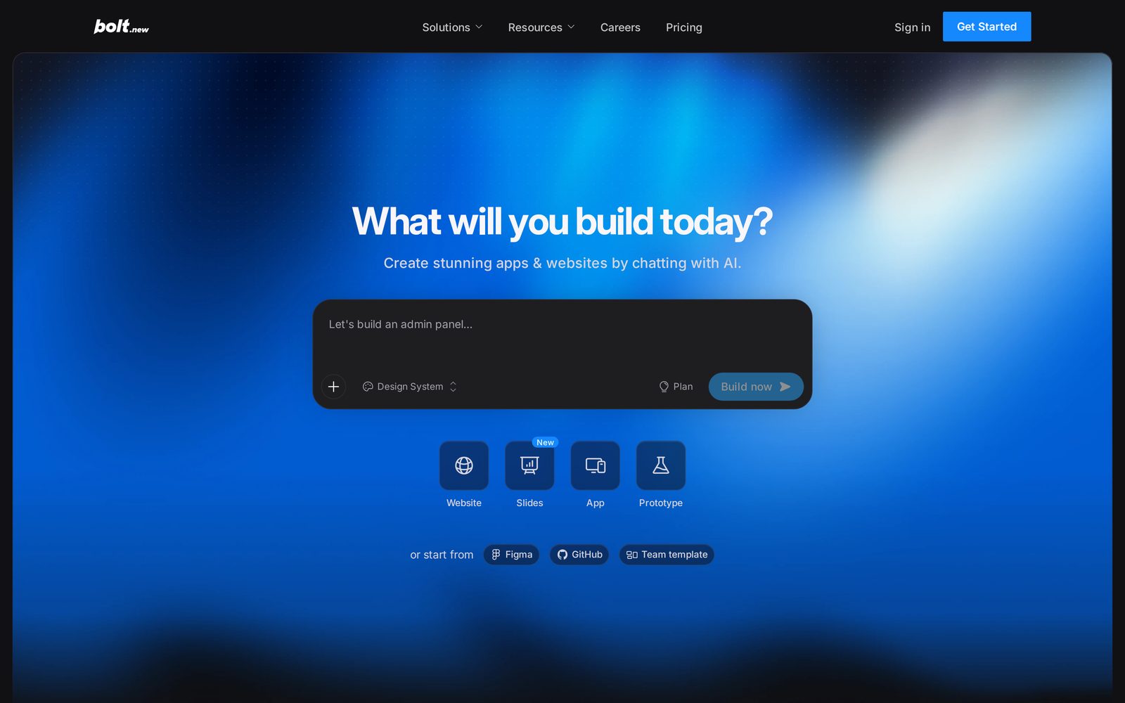 Bolt homepage: the headline reads What will you build today?, above a prompt box and Website, Slides, App and Prototype options.