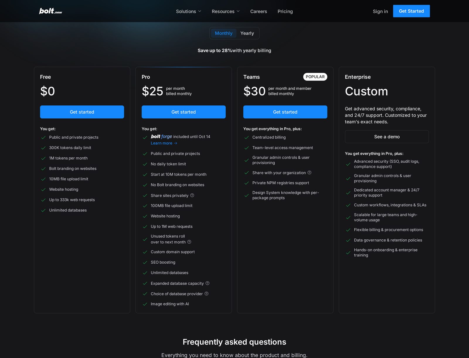 Bolt pricing page with Monthly billing selected, showing Free at 0 dollars, Pro at 25 dollars per month billed monthly, Teams at 30 dollars per month and member billed monthly, and Enterprise at Custom.