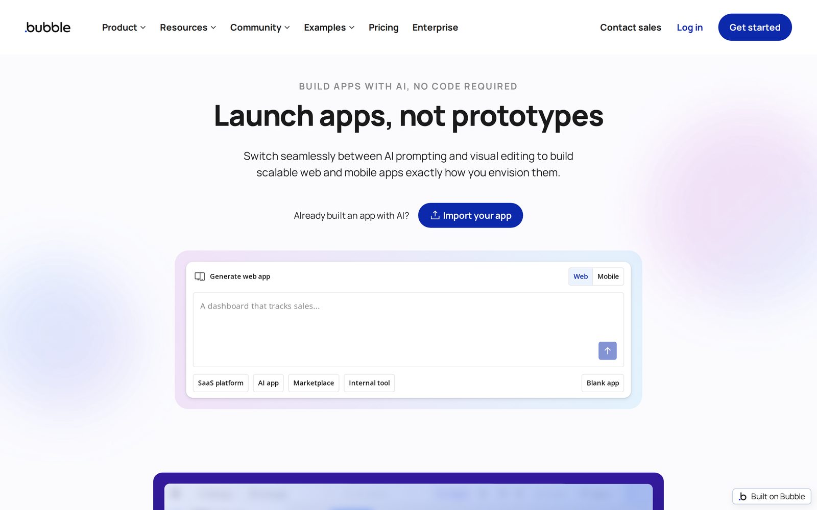 Bubble homepage: the headline reads Launch apps, not prototypes, above an Import your app button and a prompt box with Web and Mobile options.