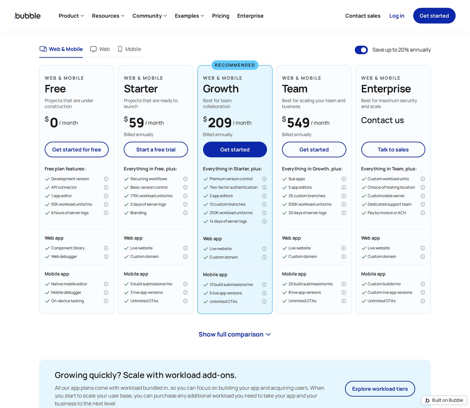 Bubble pricing page on the Web and Mobile tab with the annual switch on, showing Free at 0 dollars, Starter at 59, Growth at 209 and Team at 549 dollars a month billed annually, and Enterprise on Contact us.