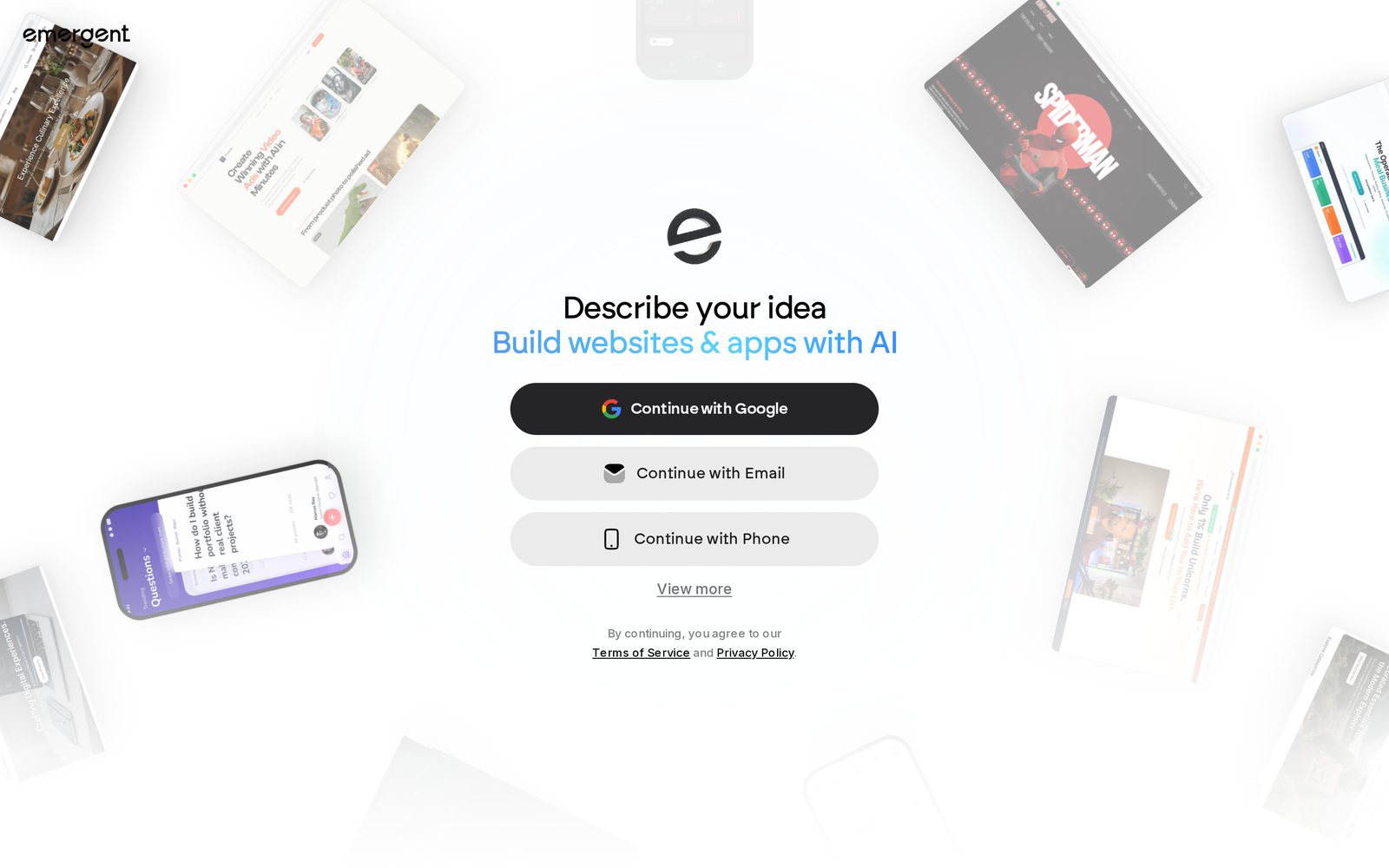 Emergent sign-up screen at emergent.sh: the headline reads Describe your idea, Build websites and apps with AI, above Continue with Google, Email and Phone buttons.
