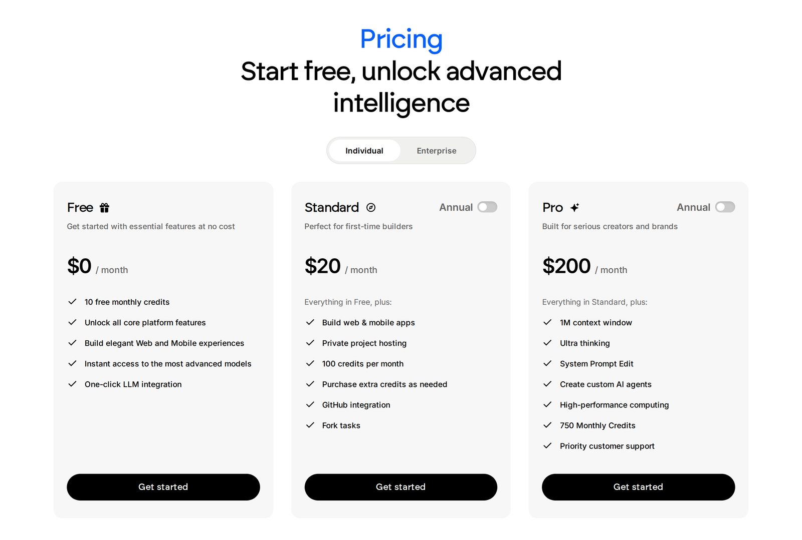Emergent pricing page with monthly billing selected, showing Free at zero dollars, Standard at 20 dollars a month and Pro at 200 dollars a month.