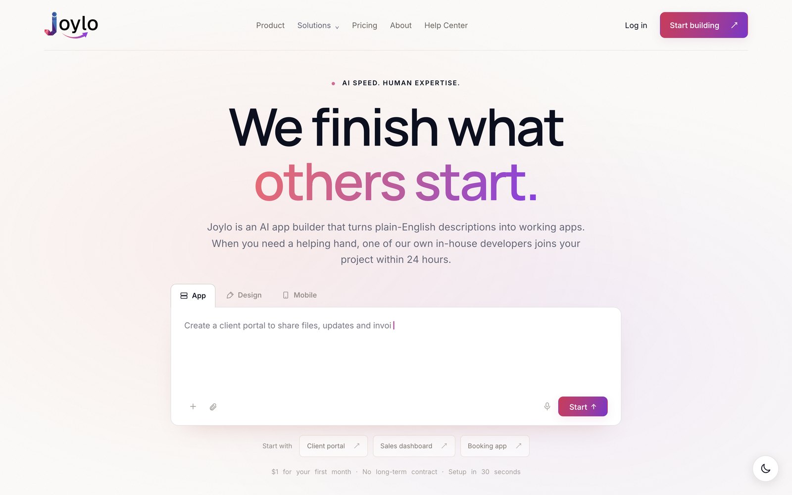 Joylo homepage: the headline reads We finish what others start, above a prompt box for describing an app.