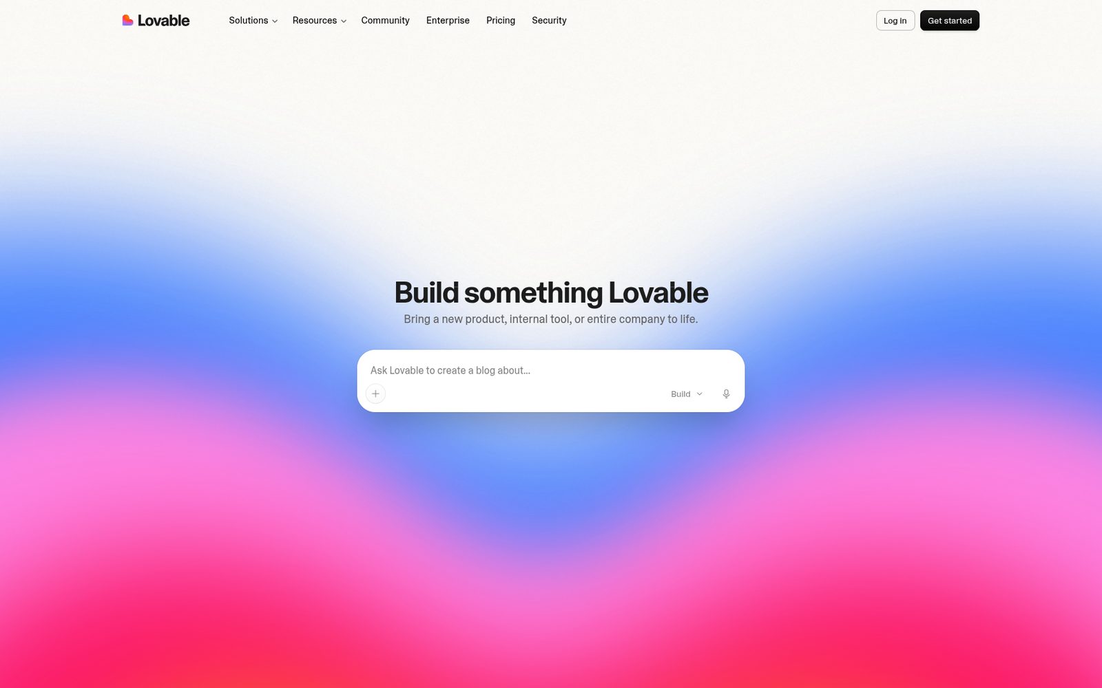 Lovable homepage: a nav with Solutions, Resources, Community, Enterprise, Pricing, Security, Log in and Get started, the headline Build something Lovable, and a prompt box with the placeholder Ask Lovable to create a blog about...