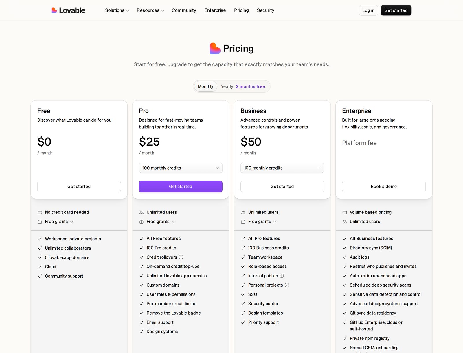 Lovable pricing page with Monthly billing selected, showing Free at 0 dollars a month, Pro at 25 dollars a month and Business at 50 dollars a month, with Pro and Business each at 100 monthly credits, and Enterprise on a platform fee.