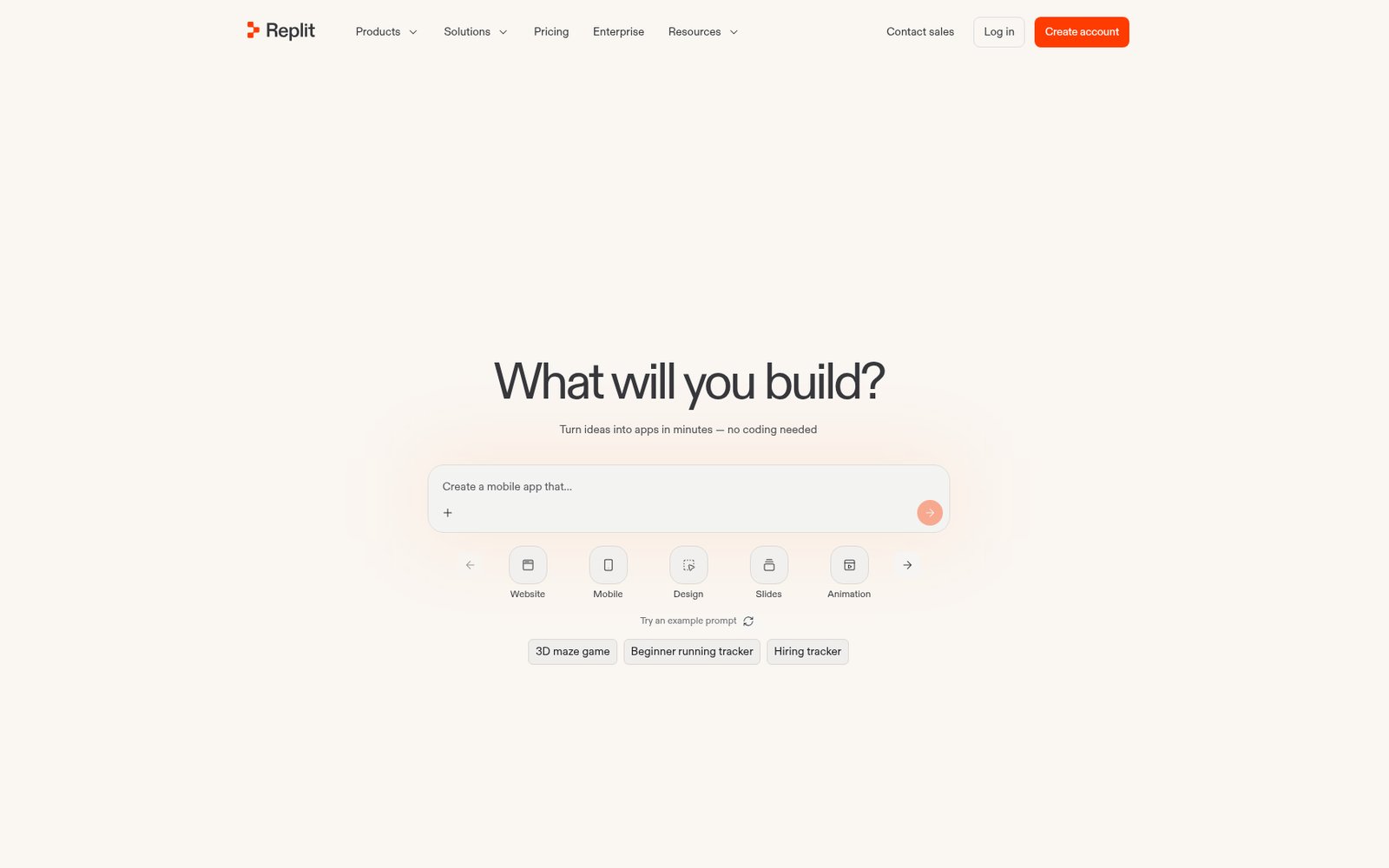 Replit homepage: the headline asks What will you build?, above a prompt box and Website, Mobile, Design, Slides and Animation options.