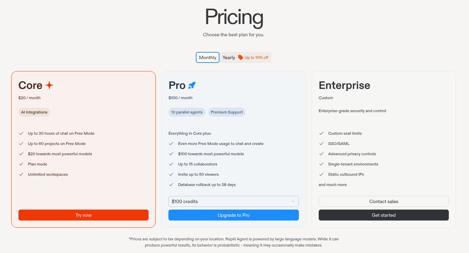 Replit pricing page with Monthly billing selected, showing Core at 20 dollars a month, Pro at 100 dollars a month with a 100 dollar credits tier, and Enterprise at a custom price.