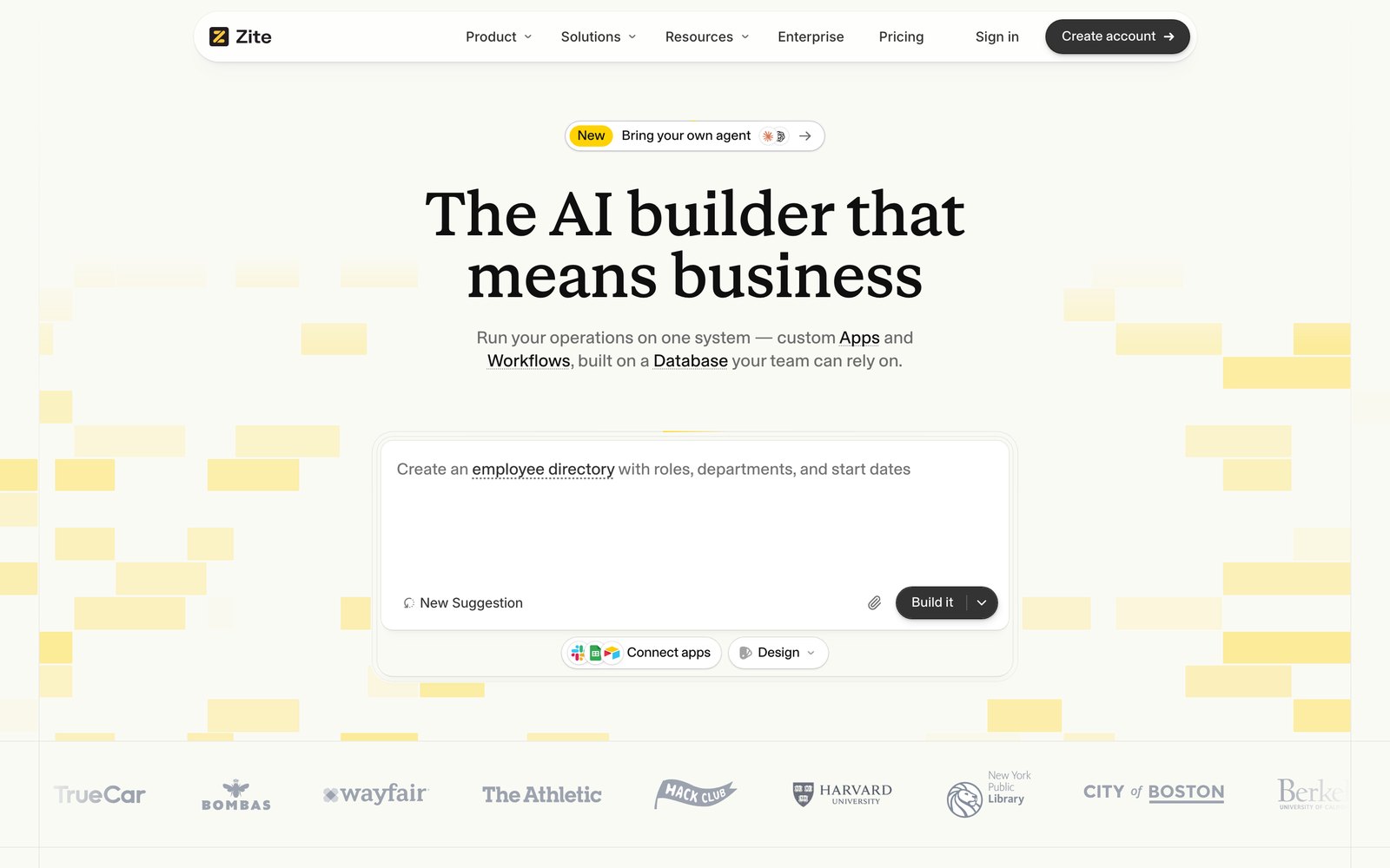 Zite homepage: the headline reads The AI builder that means business, above a prompt box and customer logos.