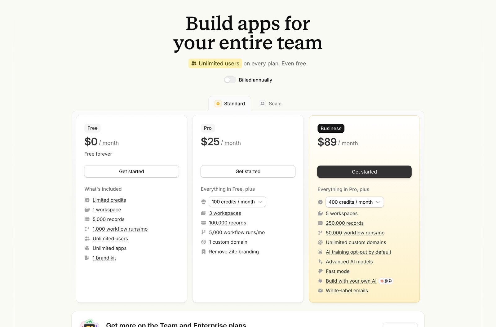 Zite pricing page with monthly billing selected, showing Free at zero dollars, Pro at 25 dollars a month and Business at 89 dollars a month.